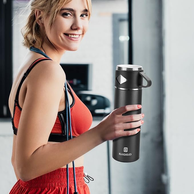Stainless Steel Thermo 23.7oz Vacuum Insulated Bottle with Cup for Coffee Hot drink and Cold drink water flask.(Black,Single)