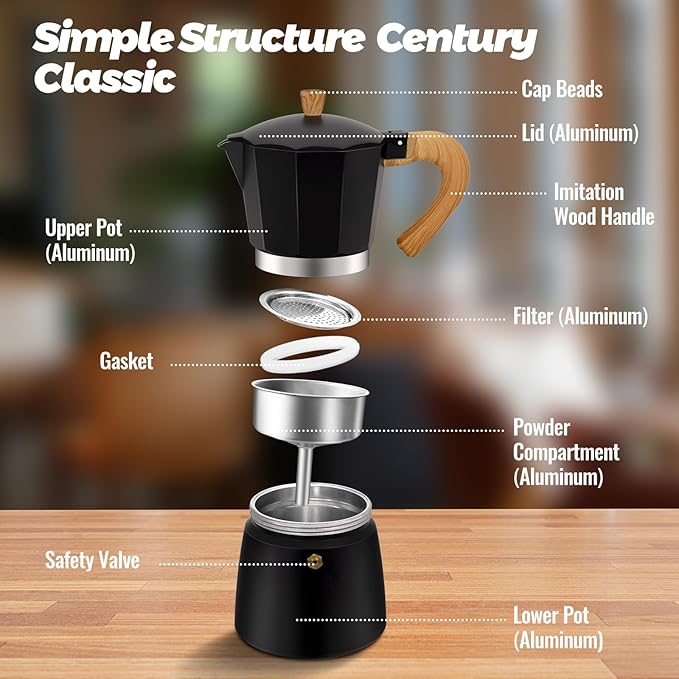 6 Cup Aluminum Moka Pot Classic Stovetop Espresso Coffee Maker 300ml 10oz Coffeemaker Percolator Mocha Pot Greca Coffee Maker Cafe Makers for Italian and Cuban Café Brewing Black