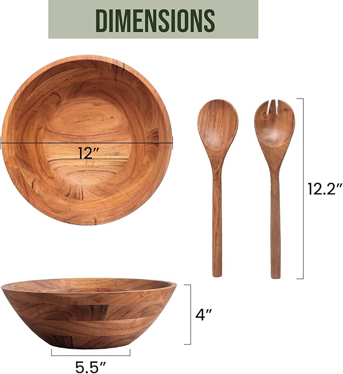 Luxe Designs Wooden Salad Bowl Set - Food Safe & Sustainable Decorative Bowl - Wood Bowl for Fruits, & Salads - Easy to Clean Large Salad Bowls Set w/Spoon, Fork – Wooden Bowls for Food (Natural)
