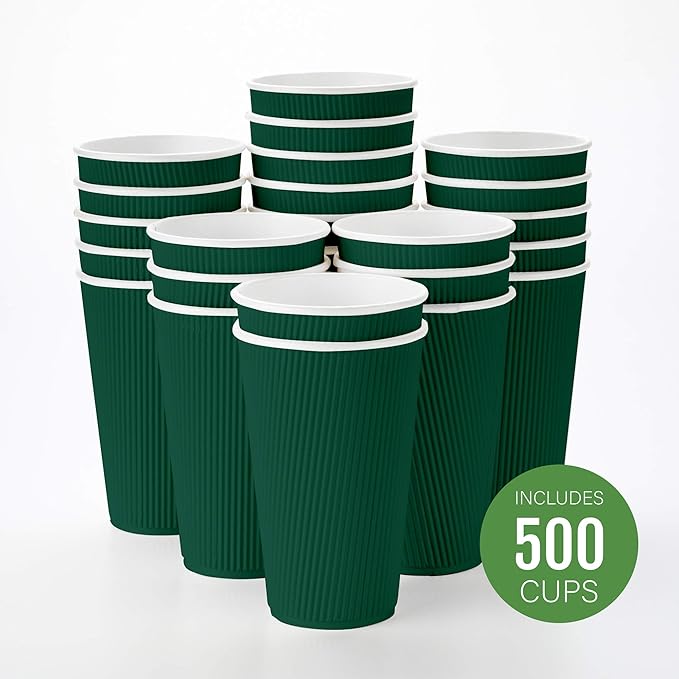 Restaurantware 12 Ounce Double Wall Disposable Coffee Cups, 500 Insulated Forest Green Paper Tumblers with Rolled Rim Design, Lids Sold Separately for Hot Drinks like Tea, Hot Chocolate and More