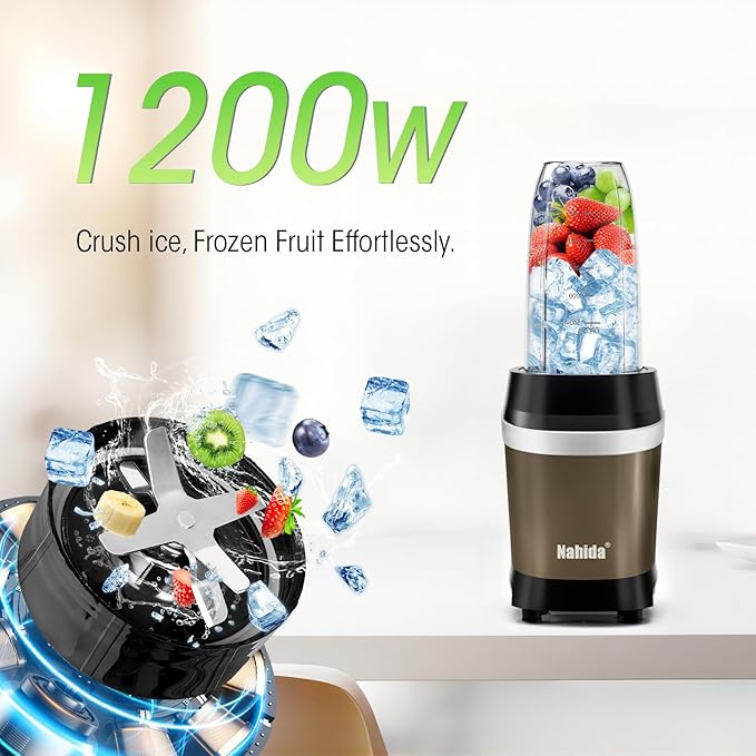Nahida Blender for Smoothies, 1200W Smoothie Blender for Ices Crushing, Blenders with (2) 6-Fin Blades, Personal Blenders for Kitchen with 23oz, 32oz, 37oz Easy Go Cups for Juices, 1200W, Brown