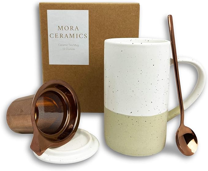 Mora Ceramics Tea Cup with Loose Leaf Infuser, Spoon and Lid, 12 oz, Microwave and Dishwasher Safe Coffee Mug - Rustic Matte Ceramic Glaze, Modern Herbal Tea Strainer - Great Gift for Women, Limestone