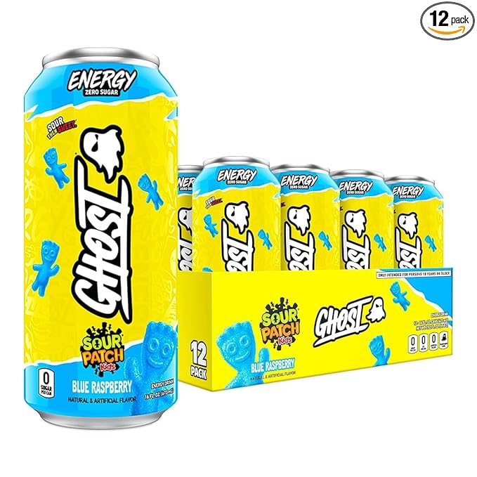 GHOST Energy Drink - 12-Pack, Sour Patch Kids Blue Raspberry, 16oz - Energy & Focus & No Artificial Colors - 200mg Natural Caffeine, L-Carnitine & Taurine - Gluten-Free & Vegan