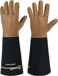 HANDLANDY Long Gardening Gloves for Men & Women, Cowhide Leather Rose Pruning Gloves, Breathable Thorn Proof Gauntlet Glove (Brown-Cowhide, M)