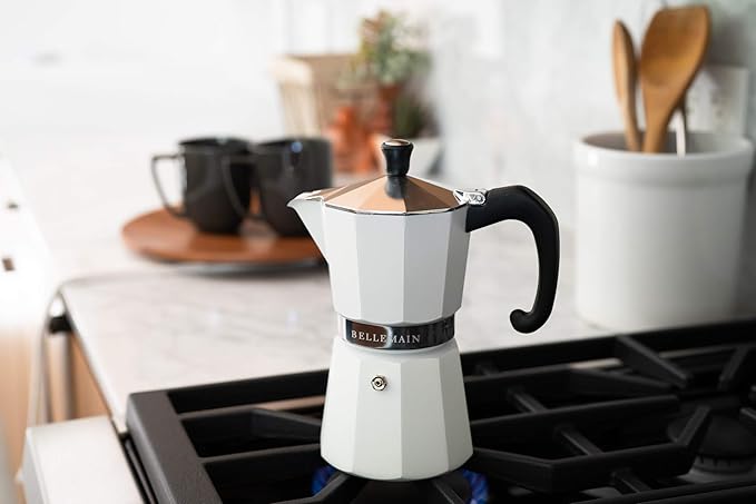 Bellemain Stovetop Espresso Maker | Italian Moka Pot Espresso Maker, Classic Aluminum Design Mocha Pot for Home Brewing & Camping | Easy to Use & Clean - 6-Cup, White