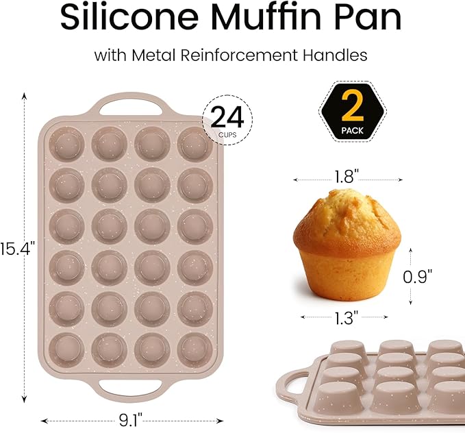 Vinino 2Pack Mini Silicone Muffin Pans for Baking with Metal Reinforced Frame, 24 Cups Mini Size Nonstick Cupcake Pan, BPA Free Oven Dishwasher Safe Baking Mold for Muffins Cupcakes