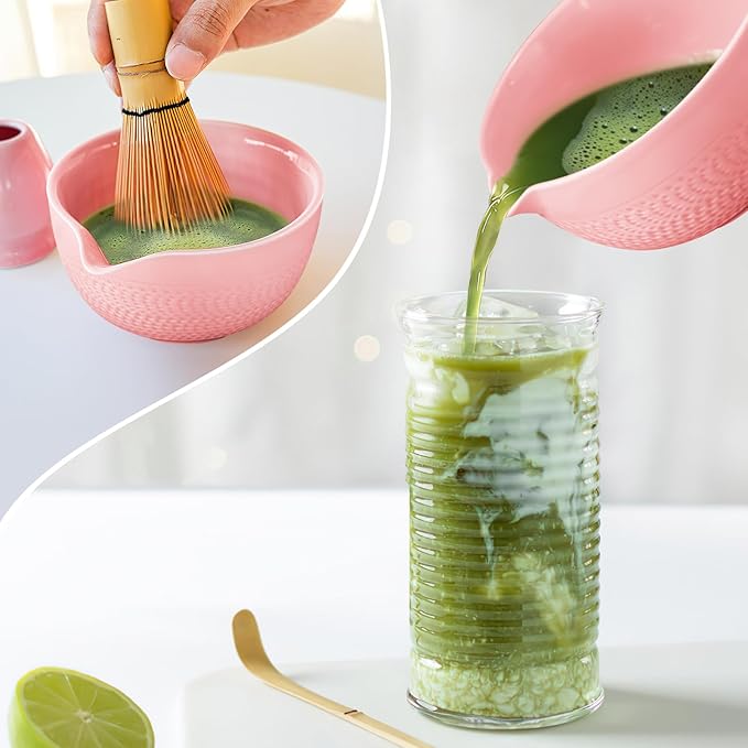 Matcha Whisk Set Pink, Ceramic Matcha Set Included Matcha Bowl with Spout, Matcha Whisk and Holder, Sifter, Bamboo Scoop, 5 Pcs Matcha Bowl and Whisk Kit for Matcha Lovers for Birthday Christmas