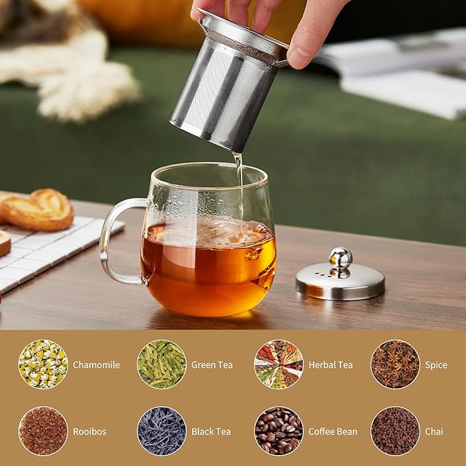 Glass Tea Cup with Infuser and Lid, 17.6oz/520ml Large Borosilicate Glass Teacup with Stailess Steel Filter, Clear Mug for Loose Leaf Blooming Tea, Dishwasher Safe - Tea Maker Gift