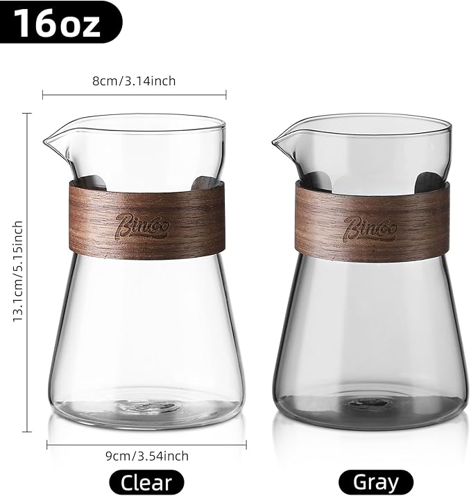 16 oz Glass Coffee Carafe with Wood Heat-Resistant Layer, Pour Over Coffee Carafe and Tea Steeper Coffee Decanter Coffee Server, 1 Pcs Included,(Smoky Gray)