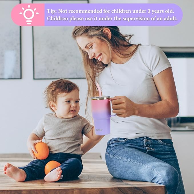 Sursip Kids Tumbler with Handle and Straw, 24 oz Stainless Steel Insulated Cpus for Boys Girls Leak-proof Lid Keep Cold Heat and Ice, Gifts for Kids Cups(Green/Pink-1 Pack)