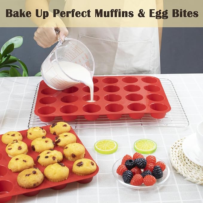 24 Cups Silicone Mini Muffin Pan Set, Nonstick Mini Cupcake Pans, BPA Free Small Muffin Tin for Baking, Set of 2 (Red+Red)