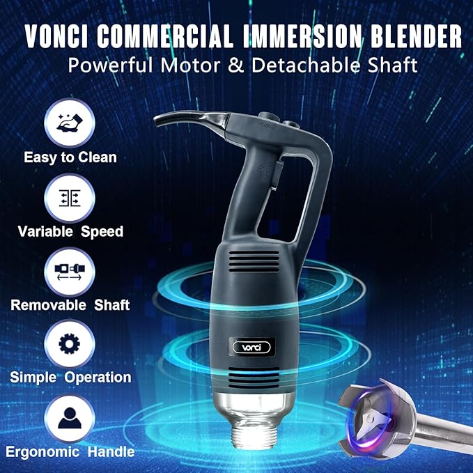 VONCI 750W Commercial Immersion Blender, Extra Heavy Duty Hand Blender with Variable Speed 8000-19000RPM, Handheld Stick Mixer with 22" SUS 304 Shaft, Commercial Emulsifier for Restaurant Kitchen.