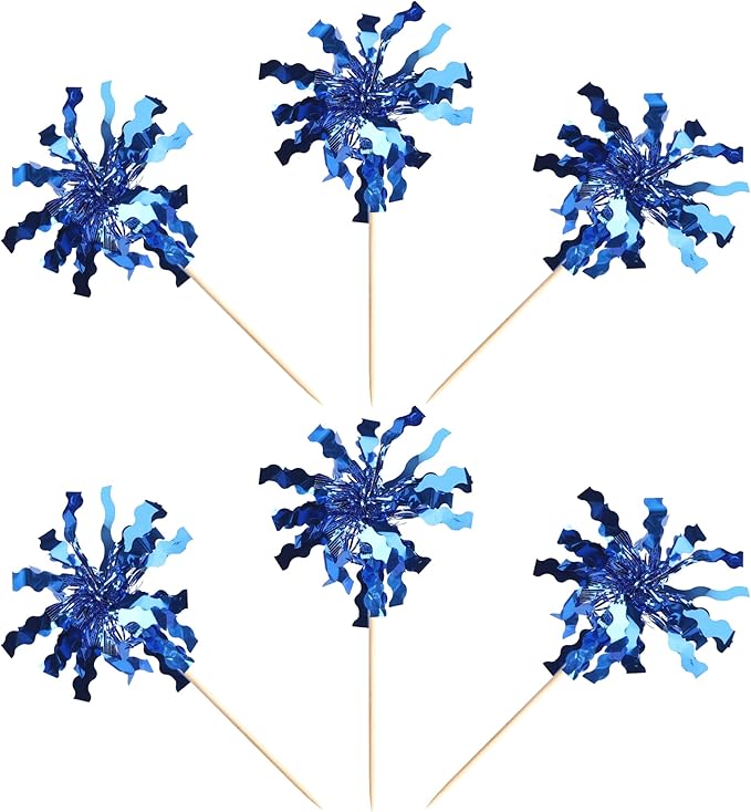 30 PCS Foil Firework Cupcake Toppers Sparkle Tinsel Cupcake Picks Happy Birthday Cake Toppers Drink Stirrers Cocktail Fruit Toothpicks for Baby Shower Birthday Party Decorations Supplies Dark Blue