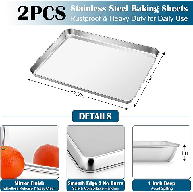 E-far Baking Sheet with Wire Rack (2 Pans + 2 Racks), Large Stainless Steel Cookie Sheets Pan & Cooling Rack for Baking Cookies Cake, Non Toxic & Heavy Duty, Oven & Dishwasher Safe, 18 x 13 x 1 Inch