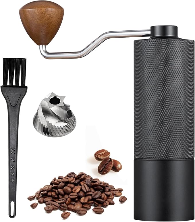 Generic Manual coffee grinder Capacity 25 grams, stainless steel tapered burrs - wooden handle - adjustable internal settings, dual bearing positioning, MCG2401, Black