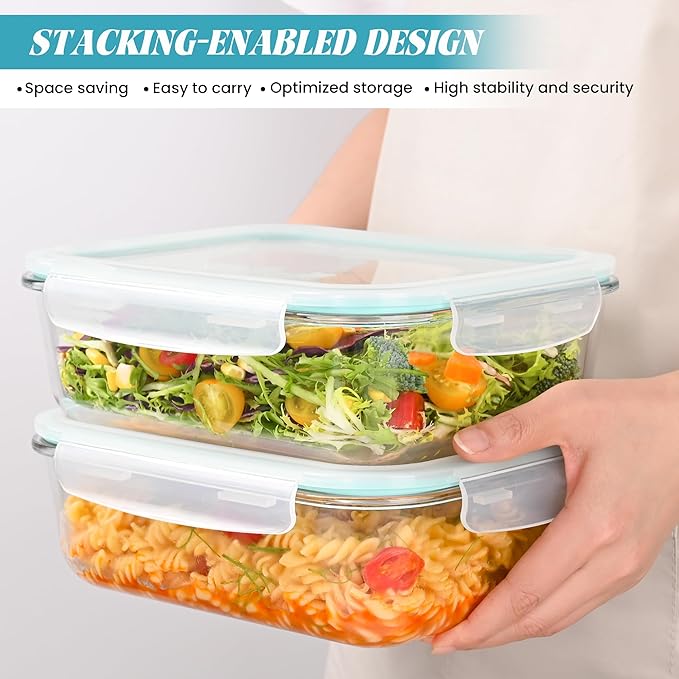 2Pack 9.8 Cups/ 78 Oz Large Glass Food Storage Containers with Lids, Glass Meal Prep Containers with Airtight Lids - BPA Free, Leakproof, Ideal for Food Storing/Serving, Microwave/Oven Safe
