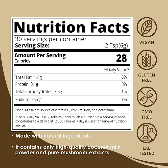 Mushroom Coconut Creamer, Natural Creamer for Coffee, 5 Mushrooms Extract |Lion's Mane, Turkey Tail, Reishi, Maitake, Chaga and Ceylon Cinnamon | Boosts Focus, Immunity and Energy | 6.35oz