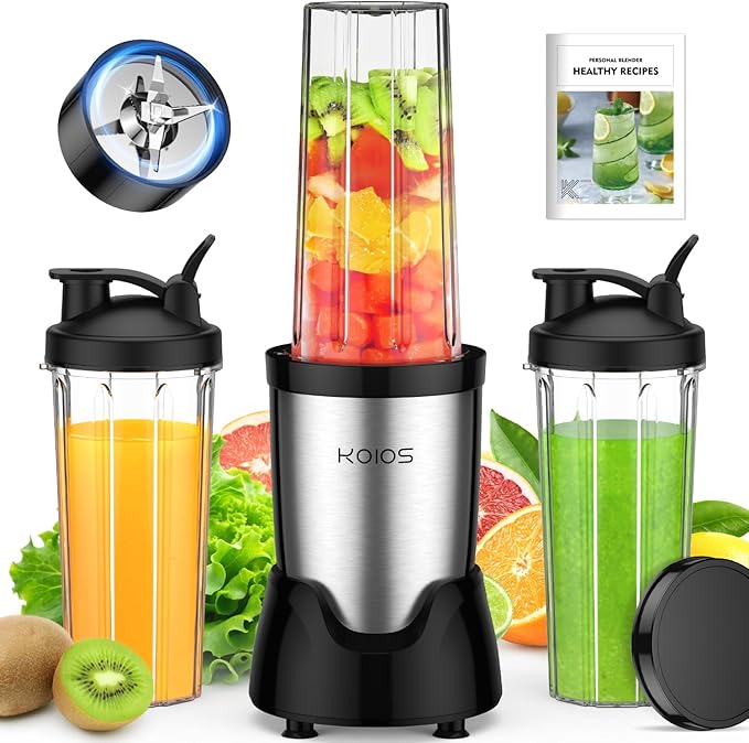 KOIOS Blender for Smoothies,Personal Blender for Shakes and Smoothies with 3 * 22oz To-Go Cups,22000 RPM Smoothie Maker,Detachable 6-leaf Blade Portable Blenders for kitchen,Black