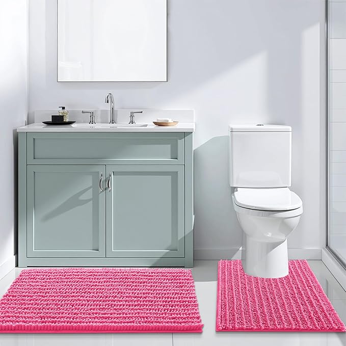 Arotive Luxury Chenille Bathroom Rug Mat, Extra Soft Thick Absorbent Shaggy Bath Rugs, Non-Slip Machine Wash Dry, Plush Bath Mats for Bathroom, Shower and Tub, 47x24, Deep Pink