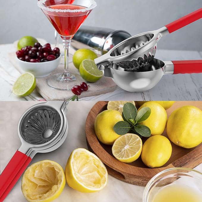 Lemon Squeezer Stainless Steel - Premium Quality, Heavy Duty Solid Metal Squeezer Bowl - Large Manual Citrus Press Juicer and Lime Squeezer (Red)