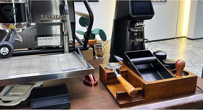 13.4'' Large Espresso Knock Box and Tamping Station, Solid Wood Espresso Accessories Organizer Box for 51MM-58MM Tamper, Distributor, Portafilter, High-Capacity Espresso Coffee Organizer