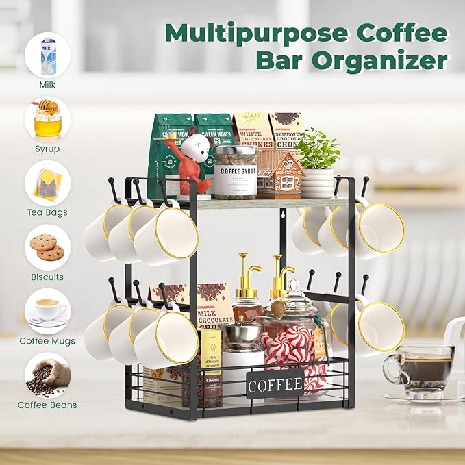 EsLuker.ly Coffee Mug Cup Holder Stand Bar Station Organizer for Countertop, Multi-Functional 2 Tier Mug Tree Rack for Kitchen, Storage Shelf with 12 Hooks, Light Grey-Black(Patented Design)