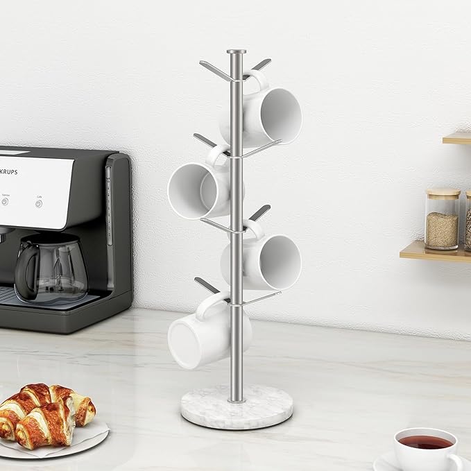 Marble Mug Holder Tree, 8 Hooks Brushed Nickel Coffee Cups Stand, New Upgraded Stable Mug Stand for Kitchen Counter Cabinet Cafe