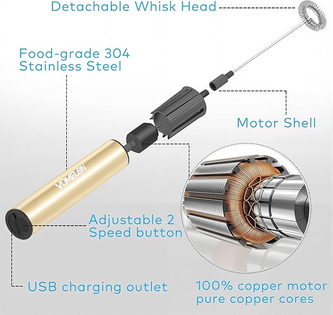 Rechargeable Milk Frother Handheld Electric Frother Wand Milk Foamer Drink Mixer for Coffee, Lattes, Cappuccino, and Egg, Stainless Steel for Travel-Beige