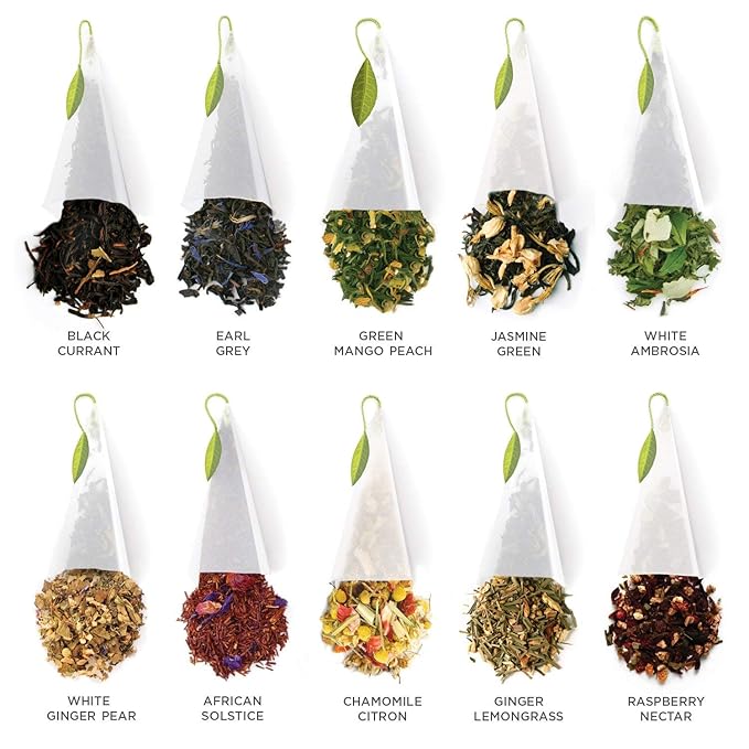 Tea Forte Tea Tasting Assortment Premium Petite Presentation Box Gift Set Sampler, 10 Count, 1 of Each Variety Individually Wrapped Handcrafted Pyramid Infuser Bags
