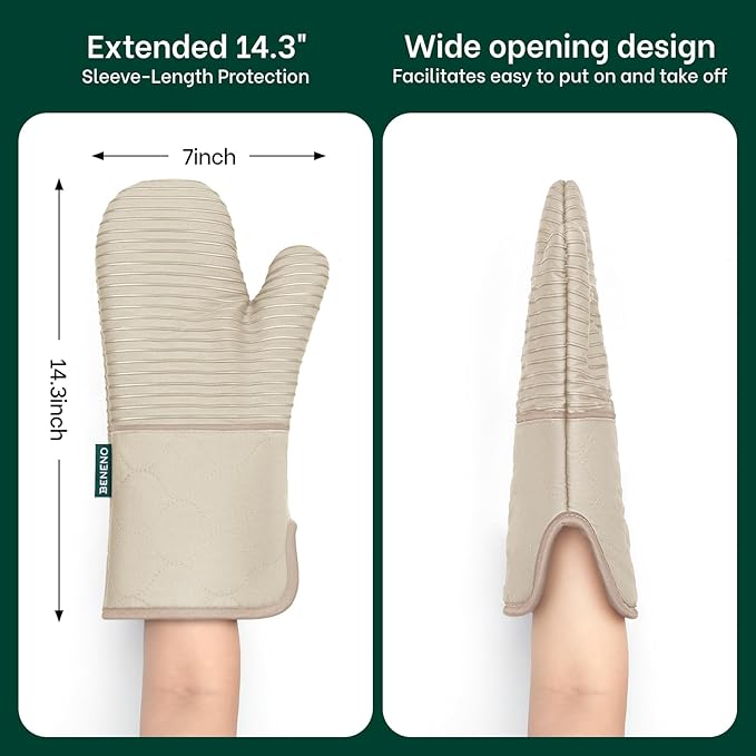 Beneno Kitchen Oven Mitts 2-Pack Heat Resistant to 500°F with Non-Slip Silicone Grip, Extra Long 14.3" Forearm Protection, Soft Quilted Cotton Terry Lining, Ideal for Cooking, Baking, Grilling, Beige