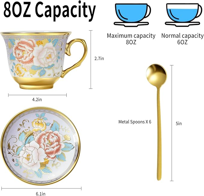 Tea Cups and Saucers Sets of 6, 8 Oz Floral Tea Cups with Spoons Ceramic Cup and Saucer Set for Cappuccino, Espresso, Coffee, Cafe, Latte, Tea for Tea Birthday