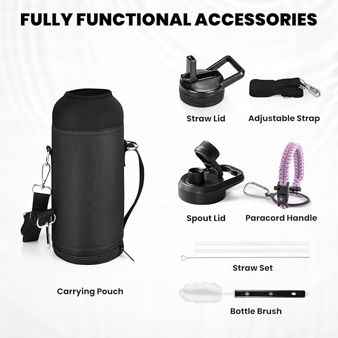 Insulated Water Bottle 40 oz, Triple Wall Vacuum Stainless Steel (Cold for 48 Hrs), Leak Proof & Non-BPA, Modern Water Flask Jug with Paracord Handle & Straw Spout Lids, Lilac