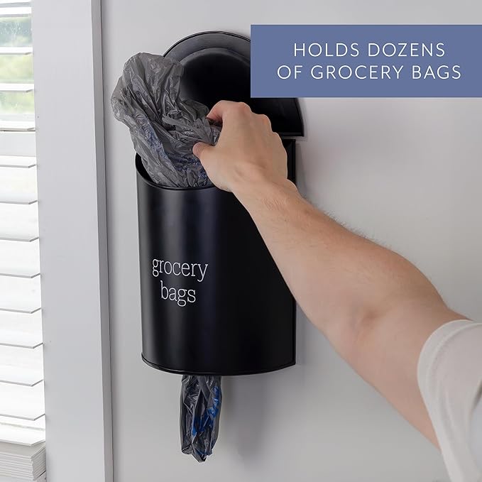 AuldHome Design Enamelware Grocery Bag Holder (Black); Wall-Mounted Modern Farmhouse Style Plastic Bag Dispenser for Kitchen or Laundry Room