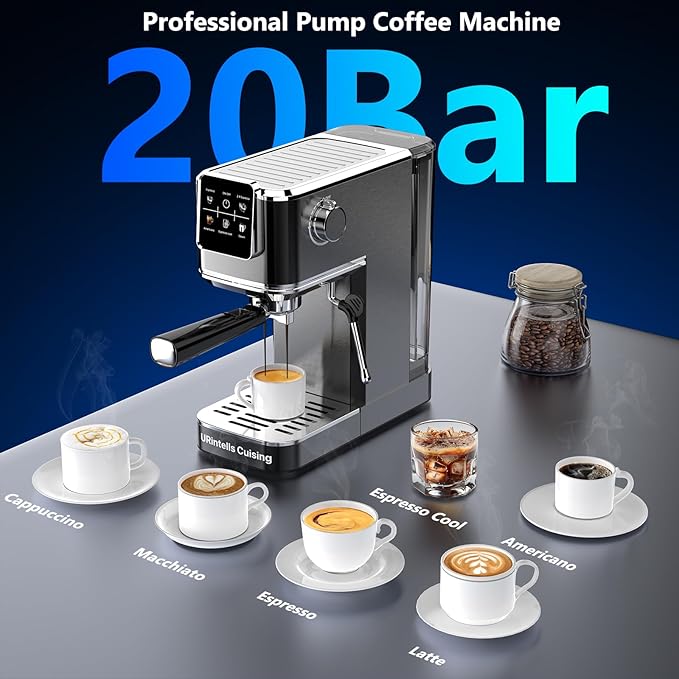 Espresso Machine 20 Bar,Touch Screen Espresso Maker with Steam Milk Frother,Stainless Steel Coffee Machine for Cappuccino Latte Americano Cold Brew,1350W Fast Heat Up System,Black