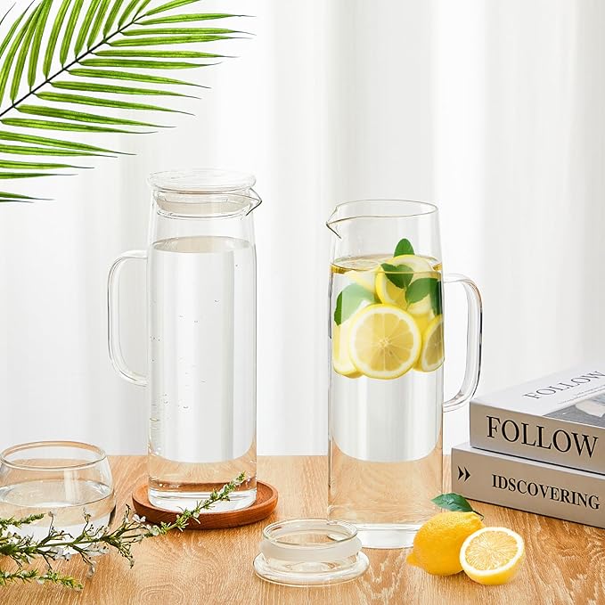 Hsei 2 Sets Glass Pitcher with Lid, 50 oz / 1500 ml Water Carafe with Handles Hot Cold Beverage Water Jar Glass Jug for Tea Juice Milk Coffee Iced Beverage (Glass Lid)