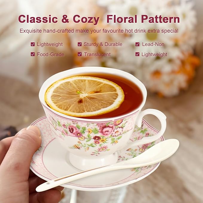 Cup and Saucer Sets of 2 with Spoon, 8oz Large Tea/Coffee Cups and Saucers New Bone China Floral Vintage Cup & Saucer Sets Porcelain Tea Latte Mugs -Microwave Dishwasher Safe