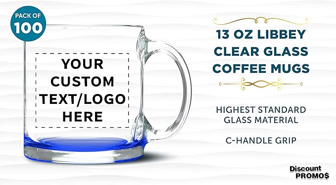Custom Clear Glass Coffee Mugs 13 oz. Set of 100, Personalized Bulk Pack - Perfect for Coffee, Tea, Espresso, Hot Cocoa, Other Beverages - Blue Bottom