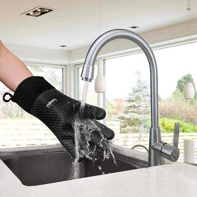 Kitchen Oven Gloves - Dual-Layer Heat Resistant Grilling Gloves, Silicone Oven Mitts with 5 Fingers, Waterproof Non-Slip Pot Holder for Barbecue, Cooking, Baking (Black Long)