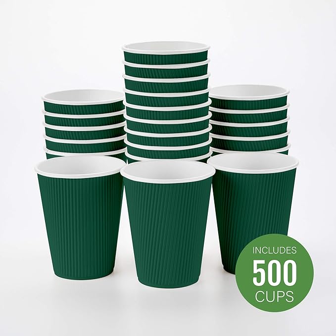 Restaurantware-12 Ounce Disposable Coffee Cups, 500 Ripple Wall Hot Cups For Coffee - Lids Sold Separately, Rolled Rim, Forest Green Paper Insulated Coffee Cups, For Hot Coffee, Tea, And More