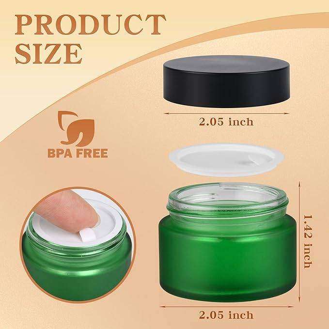 Glass Jars with Lids,Eco-Friendly Cosmetic Containers with Airtight Black Lids & Liners, Multi-Color Options for Cream, Lotion, Body Butter, DIY Skincare Travel Jars (Green Frosted, 1oz)