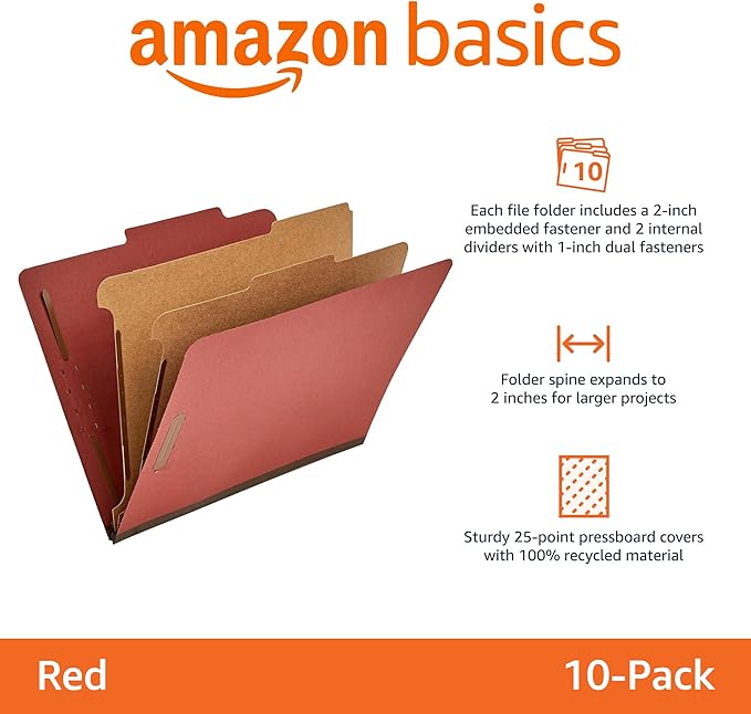 Amazon Basics Classification Folder with Prongs, Pressboard, 2 Dividers, 2-Inch Expansion, 12.17 x 10.67 inch (Letter) Size, Red, Pack of 10