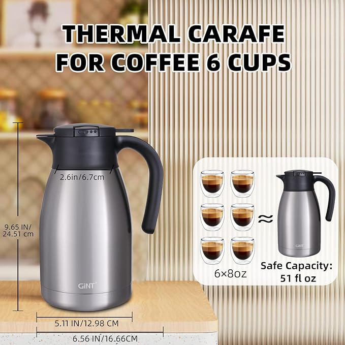 GiNT 51Oz Stainless Steel Thermal Coffee Carafe with Lid/Double Walled Vacuum Thermal Carafe / 12 Hour Heat Retention (Silver, 1.5L)