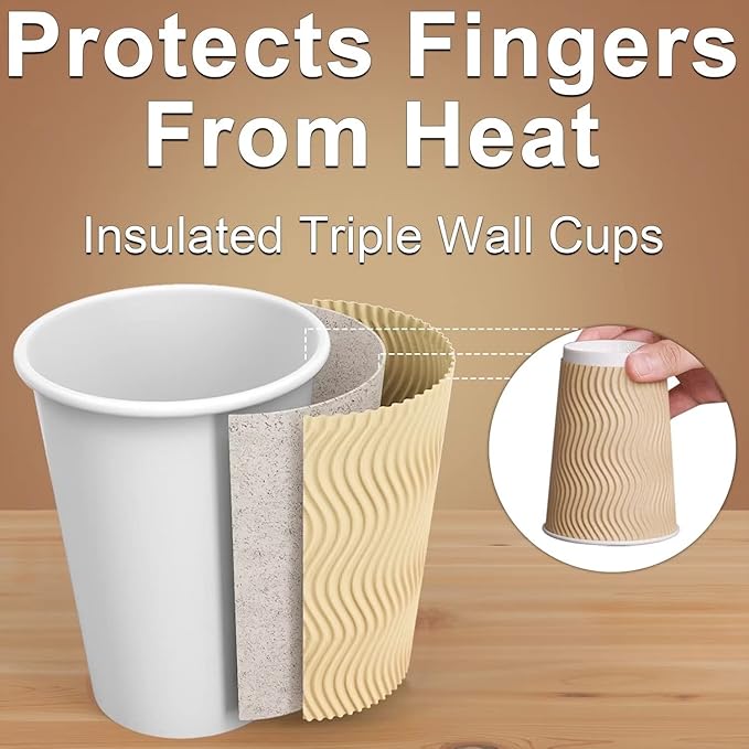 Hot Paper Cups 16 oz Disposable Insulated Corrugated Sleeve Ripple Wall Paper Cup 100 pcs,16oz Cups for Drink，Hot Coffee Cups (Brown)