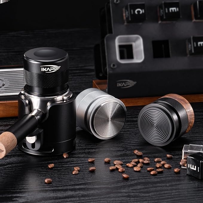 IKAPE Coffee Products, 58MM Espresso Tamper, Premium Barista Coffee Calibrated Tamper with Spring Loaded, 100% Stainless Steel Tamper Compatible with All 58MM Bottomless Portafilter (Black)
