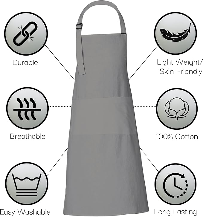 RAJRANG 100% Cotton Cooking Apron with 3 Pockets Kitchen Chef BBQ Adjustable Bib Aprons for Women Men
