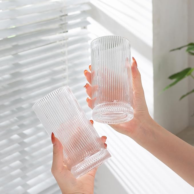 Ribbed Glass Cups Set, 390ml Vintage Drinking Glassware Set of 4, Cocktail Glasses, Low Ball Ribbed Glassware, Mixed Glassware Set, Premium Whiskey Glasses, Ideal for House of Glass