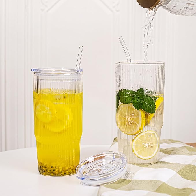 24oz Glass Tumblers with Lids and Straws 2PCS Ribbed Ice Coffee Glass Cups, Clear Thick Wall Water Iced Coffee Tumbler with Straw and Lid for Cold Beverages