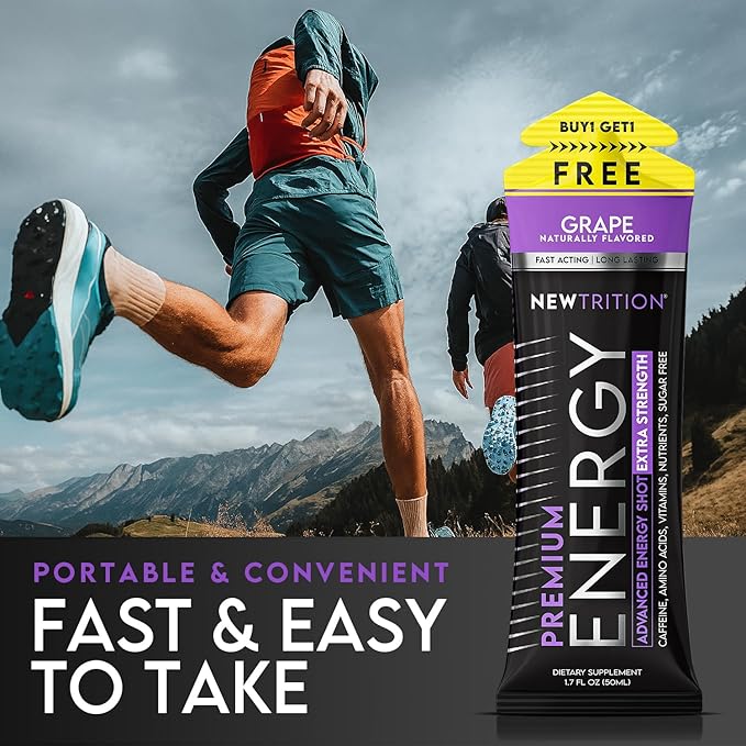 NewTrition® Extra Strength Energy Shots, 250mg Caffeine Energy Shots with Vitamin B & Amino Acids, Sugar-Free Vitamin Energy Shot, 1.7 fl oz (Pack of 12, Grape)