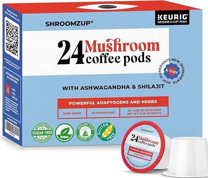 Shroomzup Mushroom Coffee K Cups 24 Pods - 10 Mushroom Coffee with Ashwagandha and Shilajit - Dark Roast Single Serve K-Cup Pods