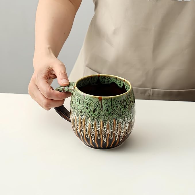 20oz Raku Glaze Coffee Mug - Unique Handcrafted Look Ceramic Cup, Large Tea Mug, Microwave & Dishwasher Safe (green)